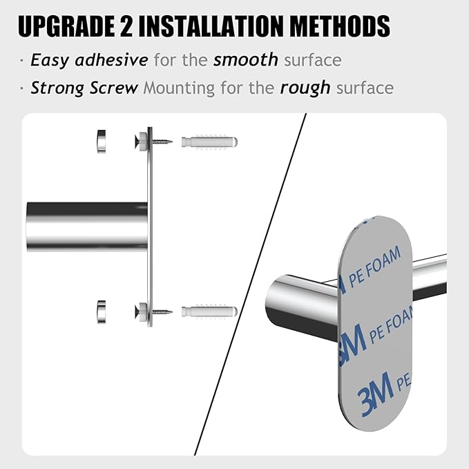 Towel Bar, Adjustable 14.4inch - 25.2inch Towel Rack, Self Adhesive & Wall Mounted for Bathroom Kitchen Hand Towel Holder Cloths Hanger SUS 304 Stainless Steel Single Bar (3, Chrome)