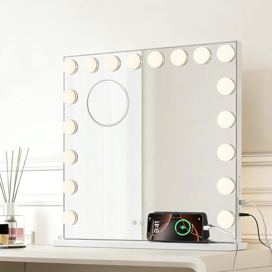 Large Vanity Mirror with Lights, 26"x20.87" Hollywood Mirror with 10X Magnification, 18 Dimmable LED Bulbs & 3 Color Lighting Modes Makeup Vanity Mirror for Desk Wall-Mounted
