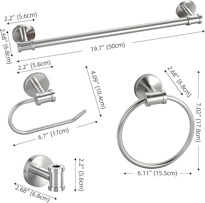 Bathroom Hardware Set 4 Piece, SUS304 Stainless Steel Bathroom Towel Rack Holder Set, Brushed Nickel Towel Bar Set-20 Inch Bathroom Towel Bar, Nickel Toilet Paper Holder, Hook for Bathroom, Towel Ring