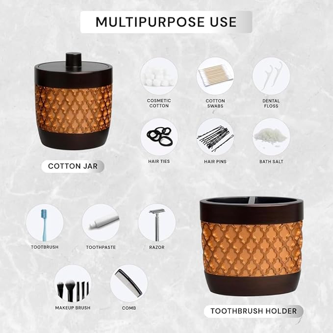 Decozen Bathroom Accessories 6Pcs Set, Soap Dispenser, Toothbrush Holders, Tumbler, Soap Dish & Cotton Swab Jar – Modern Bathroom Decor, Modern Farmhouse Decor, Countertop Accessories, Gold
