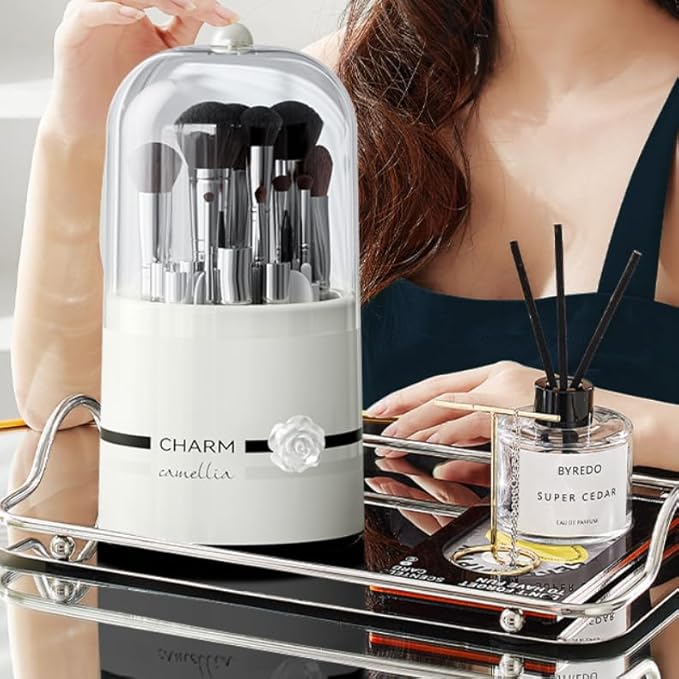 Makeup Brush Holder with Lid Rotating Organizer for Vanity Dustproof Make Up Brushes Organizer Cosmetics Storage for Bathroom Countertop Desktop