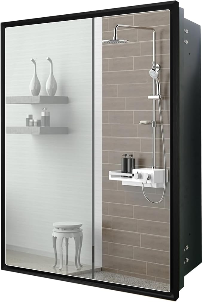 24x30 Inch Medicine Cabinet with Mirror - Recessed/Surface Mount Farmhouse Bathroom Storage Cabinet, Single Door Rust-Resistant Vanity Mirror Cabinet, Brush Black