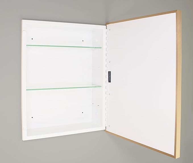 Fox Hollow Furnishings 16x20 Parker Metro Metal Framed Rectangle Recessed Bathroom Medicine Cabinet, Floating Mirror, 14x18 in-Wall Opening, Steel, Adjustable Glass Shelves, Magnet Close, Gold