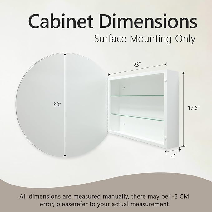 30 Inches Round Bathroom Medicine Cabinet, Frameless Circle Mirror Cabinet Wall Mounted Cabinet with Surface Mount Installation