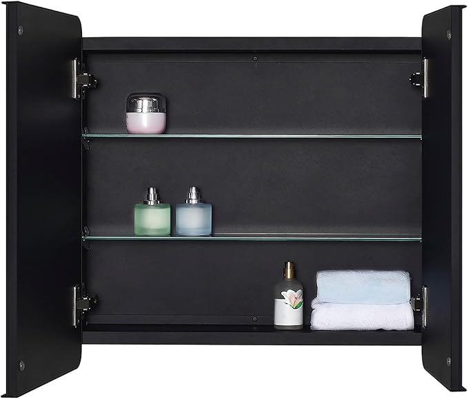IDYLLOR Black Bathroom Medicine Cabinet with Round Corner Framed Door and Beveled Edge Mirror 22 x 20 inch, Recessed or Surface Mount, with Adjustable Glass Shelves