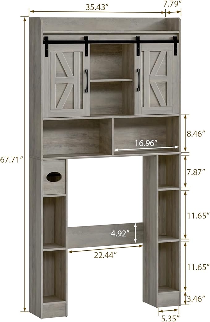 Vabches Farmhouse Storage Cabinet Over Toilet with Sliding Doors，Over The Toilet Storage Cabinet, Home Space-Saving Toilet Rack, for Bathroom, Restroom, Laundry