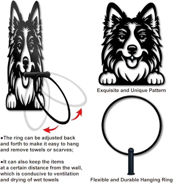 MAYJOYDIY Dog Metal Towel Ring Cute Shepherd Dog Towel Holder Wall Mounted Animal Theme Bath Towel Ring Black Art Towel Rack for Bathroom Kitchen Towel Hanger Home Decors Gift