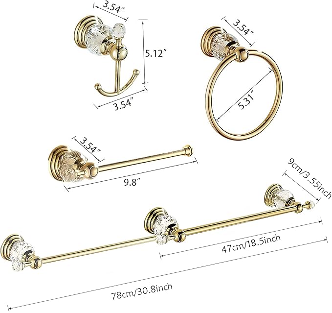 Leyden Gold Crystal Bathroom Accessories, Towel Bar Set Toilet Paper Holder Towel Ring Coat Hooks Shinny Bathroom Hardware Wall Mounted 4 Pieces with Crystal Ball Base