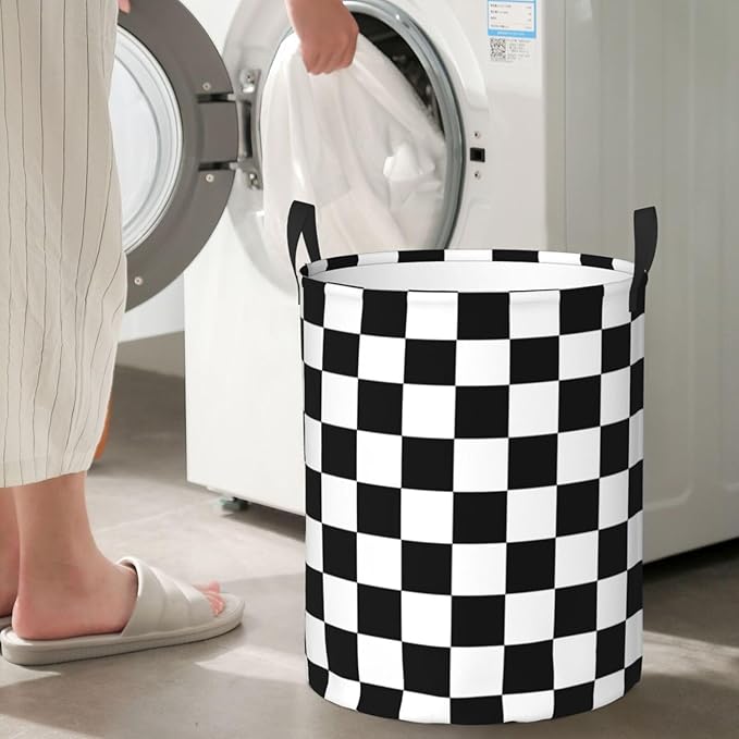 Black And White Checkered Pattern Round Laundry Hamper Checkerboard Storage Basket Toys Clothes Organizer Bin For Home Bathroom Bedroom Dorm Nursery, 38l