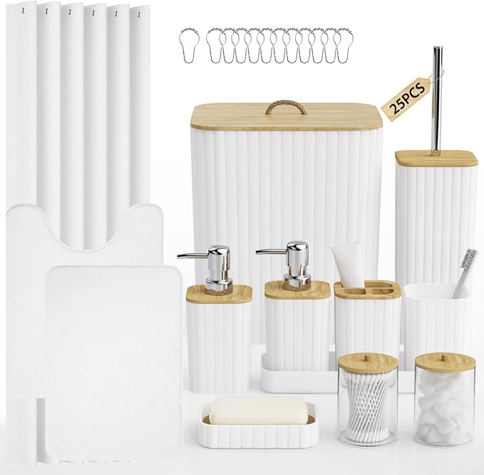 Bathroom Accessory Set - 25PC Bathroom Sets with Shower Curtain and Rugs, White Bathroom Set, Bathroom Accessories Set, Shower Curtain Sets with Rugs, Bathroom Trash Can & Soap Dispenser