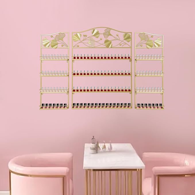 3PCS Metal Nail Polish Racks, Nail Polish Wall Organizer 4 Tiers Leafage Shape Display Rack Wall Mounted Display Case for Home Spa Nail Salon Shop- Gold