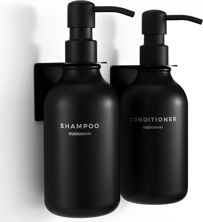 Shampoo and Conditioner Dispenser Wall Mounted Set of 2 Black - No Drill Shower Soap Dispenser for Bathroom Refillable - Spa Hotel Style Accessories by MaisoNovo