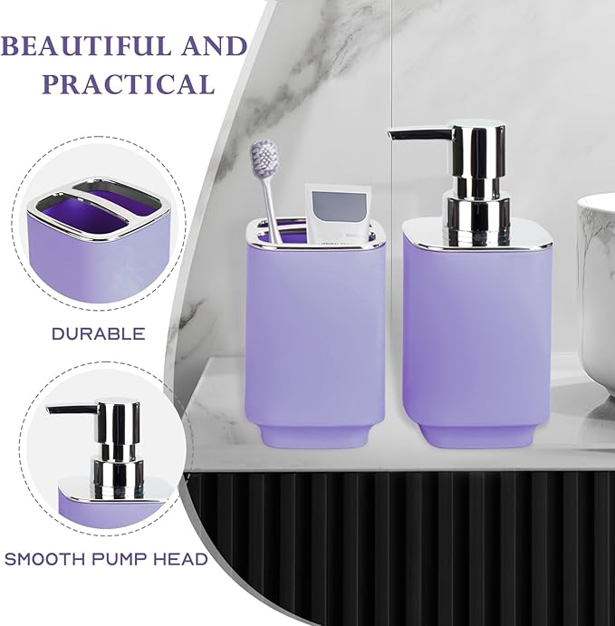 Purple Bathroom Accessories 2 Pieces, Soap Dispenser and Toothbrush Holder Set for Boho Bathroom