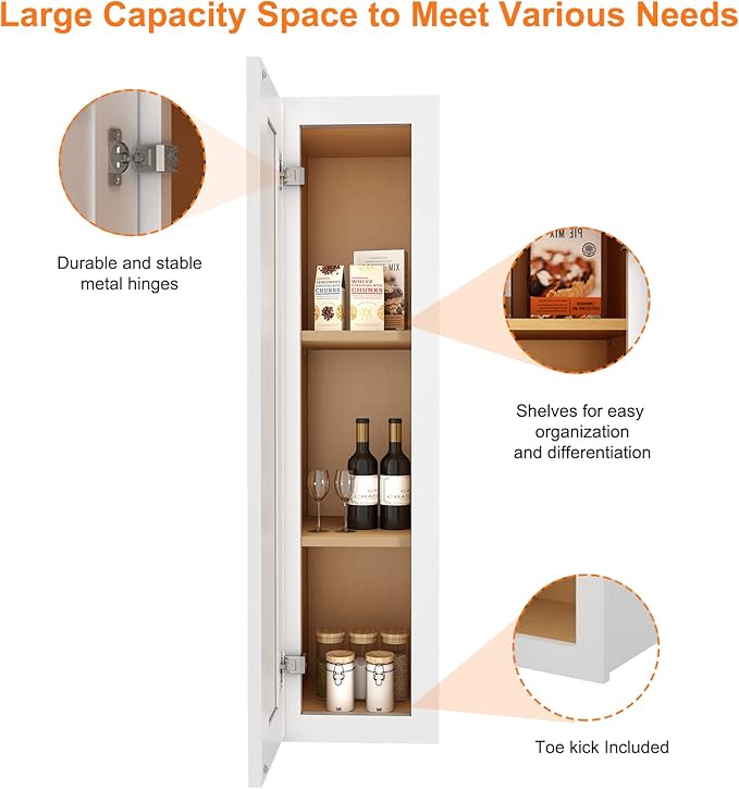 ROOMTEC Wood Wall Cabinet,RTA Single Door Medicine Cabinet with Adjustable Shelves and Soft-Close Door for Kitchen, Bathroom, and Laundry. 12" D*9" W*36" H, Traditional White