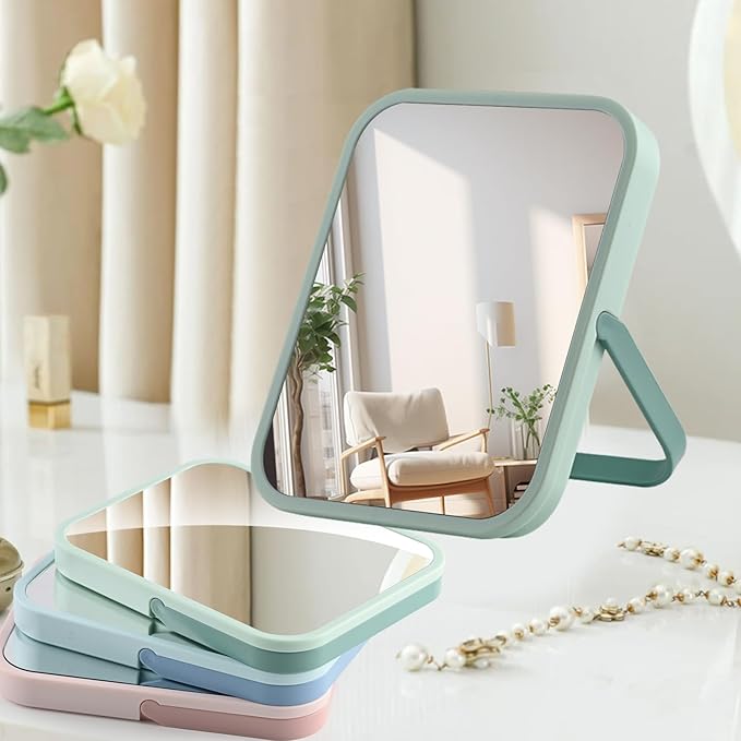 Magnetic Locker Mirror with Foldable Stand & Hook - 5.6x6.8 Inch Portable HD Makeup Mirror for Desk/Dorm/Fridge - Shatterproof ABS Frame, Rounded Edges (Student-Friendly)