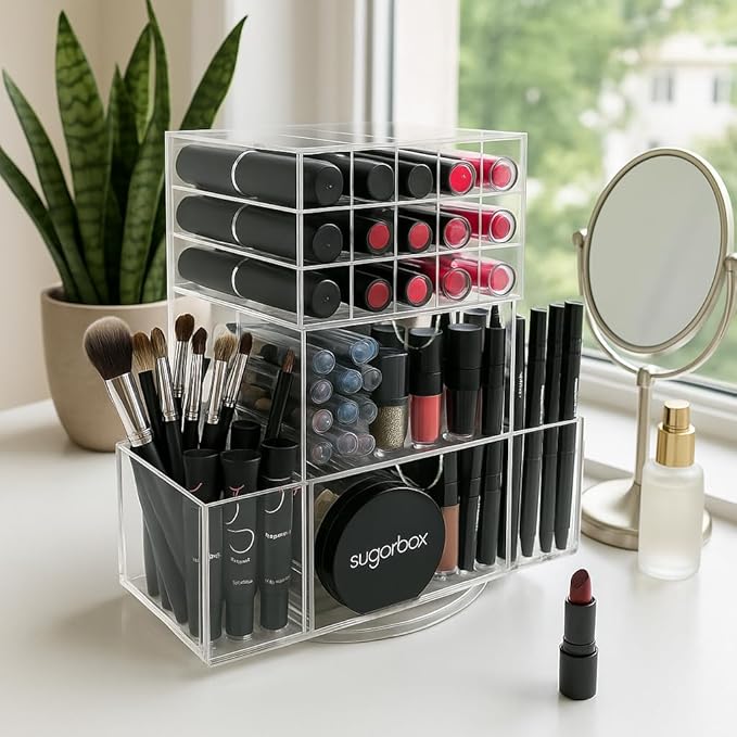 OnDisplay 360° Rotating Acrylic Makeup Organizer – Clear Cosmetic Storage Display for Lipsticks, Brushes, and Beauty Essentials – Model LIP30 by VANDUE