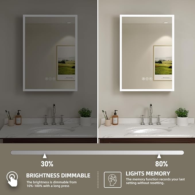 Buruis 20 x 28 Inch Medicine Cabinet with LED Lights and Mirror, Recessed/Wall Mounted Bathroom Cabinet, 3-Color Light, Defogger, Memory Function, Outlet & USB, Dimmer, Black