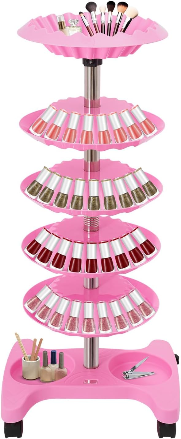 Nail Polish Trolley Organizer, 5 Tiers 360° Rotating Tray Nail Polish Spinning Rack Display Stand with Wheels, Display Rolling Cart for Spa Home Use