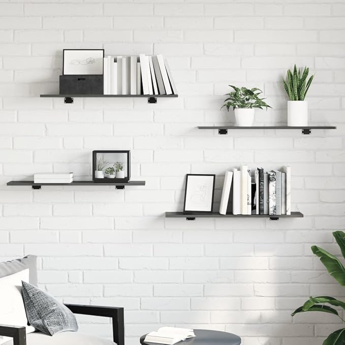 High Gloss Grey Engineered Wood Wall Mounted Shelf Set of 8, Modern Floating Shelves for Living Room and Kitchen Storage, Minimalist Design, Easy to Clean, Durable