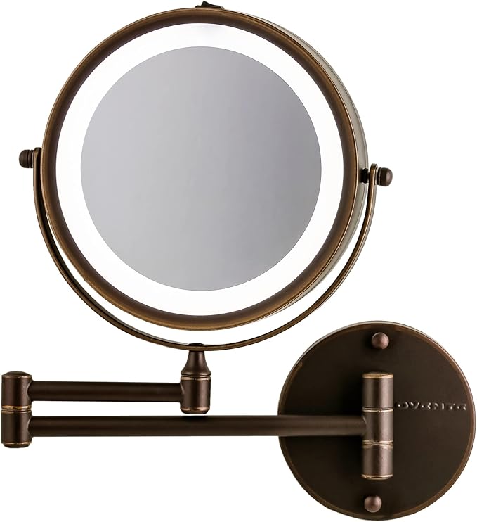 OVENTE Wall Mounted Lighted Makeup Mirror, 7" Double Sided 1X/7X Magnifying Vanity Mirror for Bathroom with LED Lights, Cordless, 360° Rotation and 13" Extendable Arm, Antique Bronze MFW70ABZ1X7X