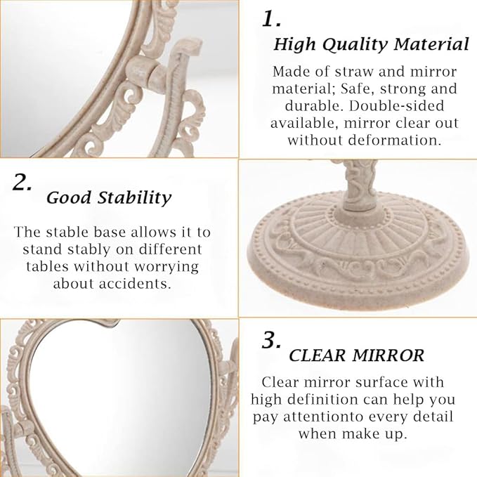 AKOAK Heart-Shaped Cosmetic Mirror - Plastic, Double-Sided, Rotatable, Lightweight - Bathroom & Bedroom Mirror (Beige)