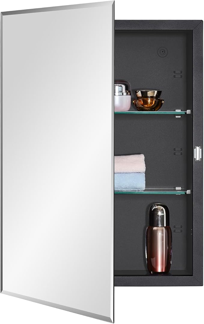 IDYLLOR Black Bathroom Medicine Cabinet with Beveled Edge Mirrored Door 16 x 22 inch, Recessed or Surface Mount, with Adjustable Glass Shelves