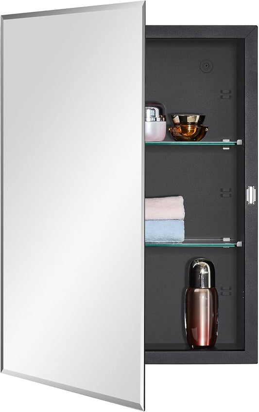 IDYLLOR Black Bathroom Medicine Cabinet with Beveled Edge Mirrored Door 16 x 22 inch, Recessed or Surface Mount, with Adjustable Glass Shelves