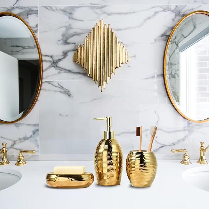 Gold Bathroom Accessory Set - 3 Piece Striped Style Decorative Ceramic Bathroom Accessories Sets with Lotion Soap Dispenser, Toothbrush Holder/Tumbler and Soap Dish, Golden Gift Set for New Home Decor