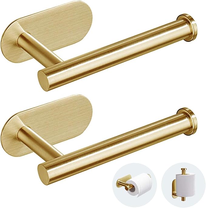 JOPOFI Toilet Paper Holder - Self Adhesive Toilet Paper Holder Wall Mount for Bathroom, SUS 304 Stainless Steel Command Strip Toilet Paper Roll Holder Stick On Wall, No Drilling - Brushed Gold（2 Pcs）