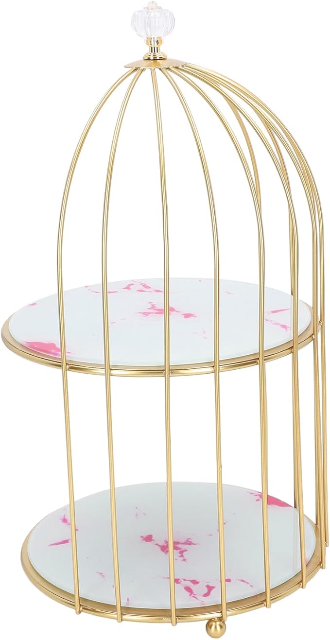 Double Layer Storage Shelf Bird Cage Organizer Display Rack for Bathroom Countertop Dressing Table Gold Frame (Pink Stone Pattern)