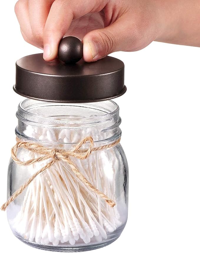 Amolliar Mason Jar Bathroom Accessories Set 4 Pack - Foaming Soap Dispenser&2 Qtip Holders&Toothbrush Holder-Rustic Farmhouse Decor Bathroom Organizer Apothecary Jar Country Countertop (Bronze)
