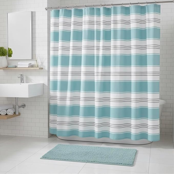 Serafina Home Nautical Striped Fabric Shower Curtain, Coastal Wide Stripe Design, Aqua Grey White, 70" x 72", with Hooks