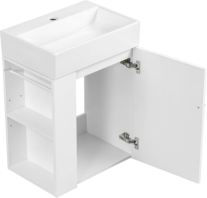 Virubi 20" Floating Bathroom Vanity with Sink, Soft Closing Door,and Storage Shelves, Solid Wood Frame & MDF Modern Single Small Bathroom Vanity Cabinet with Open Shelf,Wall Mounted (White)