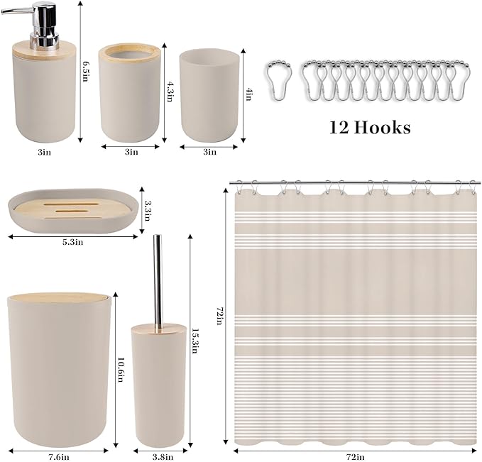 Britimes Bathroom Accessories Sets, Boho Shower Curtain Set with Trash Can, Soap Dispenser, Toilet Brush Holder, Toothbrush Holder and Toothbrush Cup for Bathroom Decor (Beige)