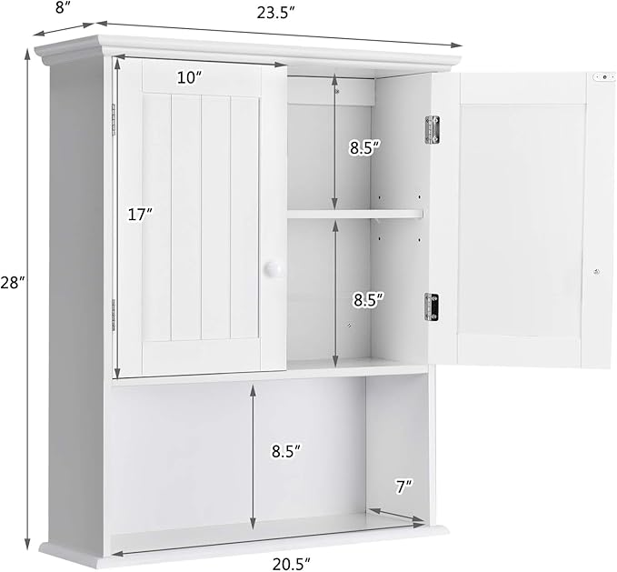 COSTWAY Wall Mounted Bathroom Cabinet, Over The Toilet Storage Cabinet w/Double Doors & Adjustable Shelf, Wood Hanging Medicine Cabinet for Living Room, Entryway, Kitchen (White)