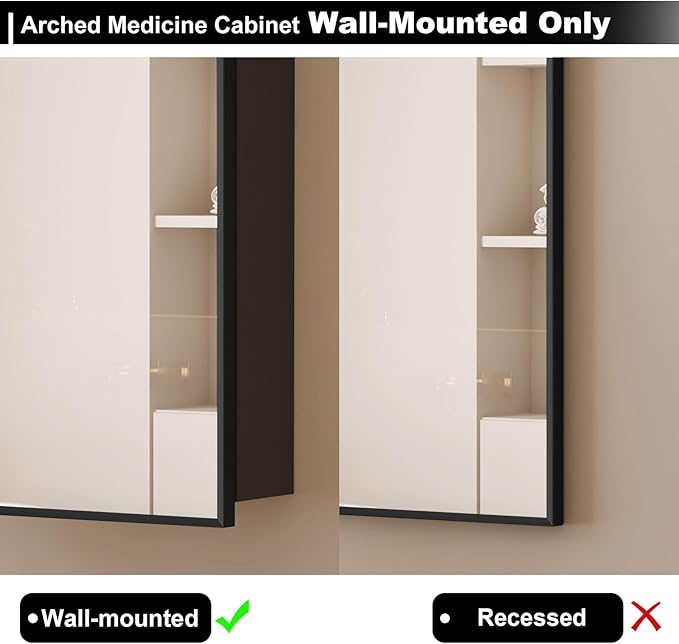 Black Arched Medicine Cabinet with Mirror, Arched Mirror Cabinet for Bathroom,Black Metal Edge Medicine Cabinet Surface Mount Only,Bathroom Arch Mirror Cabinet with Storage,16 x32 Inch