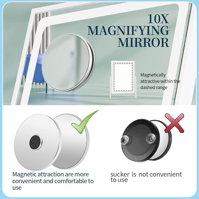 Vanity Mirror with Lights - 13.78"× 10.23" Adjustable Lighted Makeup Mirror for Desk, Detachable 10X Magnification Mirror, Touch Sensor, Desk Mirror for Bedroom & Dressing Room (White)