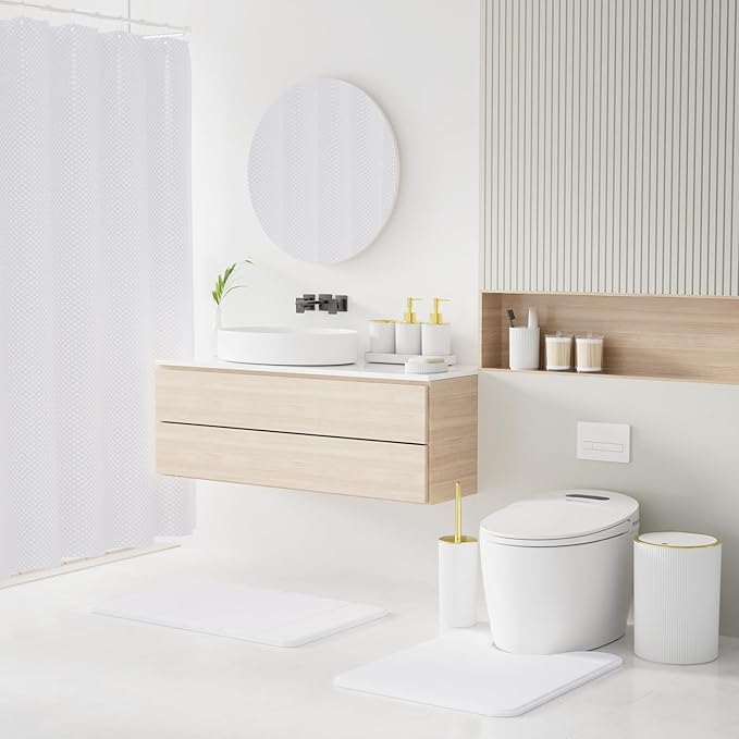 White and Gold Bathroom Accessories Set - Bathroom Sets, 25PC Bath Accessory Set, Bathroom Sets with Push Top Trash Can, Shower Curtain and Rugs, Toilet Brush, Trash Can & Soap Dispenser
