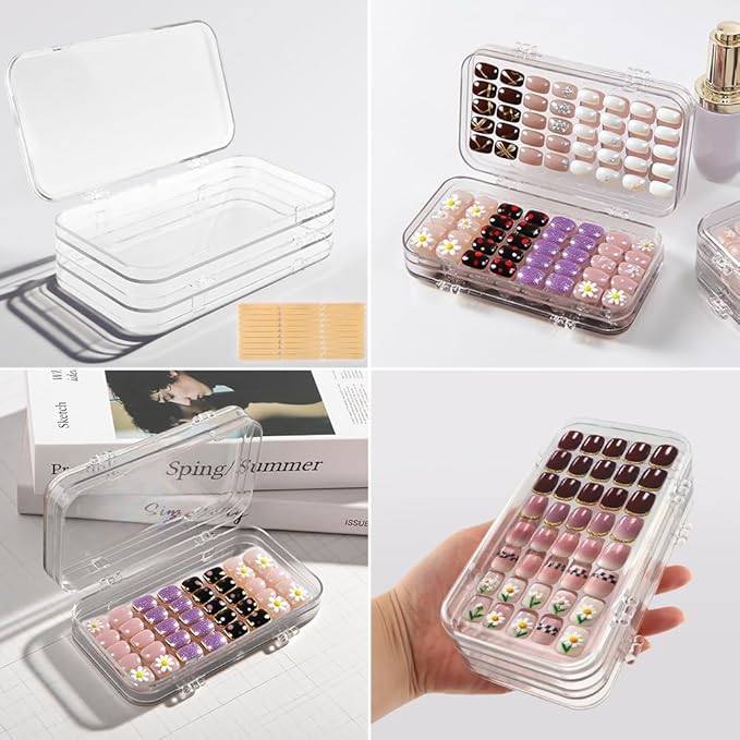Tri-Fold Portable Press on Nail Storage Box, 4-Page Clear Press on Nails Organizer Box with 30 Pcs Adhesive Double Sided Tape, Clear PET Plastic Travel Holder