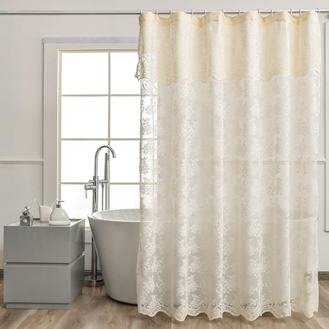 YJ YANJUN Ivory Lace Shower Curtain - Shabby Chic Flower Shower Curtain with Attached Valance, Luxury Lace Curtain for Bathroom, Farmhouse Shower Curtains, 72 x 72 Inch, Light Beige