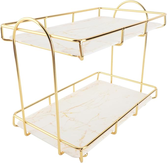 Gold Bathroom Shelf Elegant Gold & White 2 Tier Bathroom Storage Rack - Makeup Shelf with Humanized Design - Anti-Slip Counter Organizer - Sturdy Iron Construction for (Large Size)