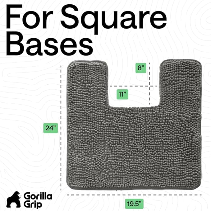 GORILLA GRIP Plush Absorbent Shaggy Chenille Bath Rug Mat for Square Toilet Base with Rubber Backing, Machine Washable Rugs, Soft Microfiber Contour Mats for Toilets, Bathroom Decor, Charcoal