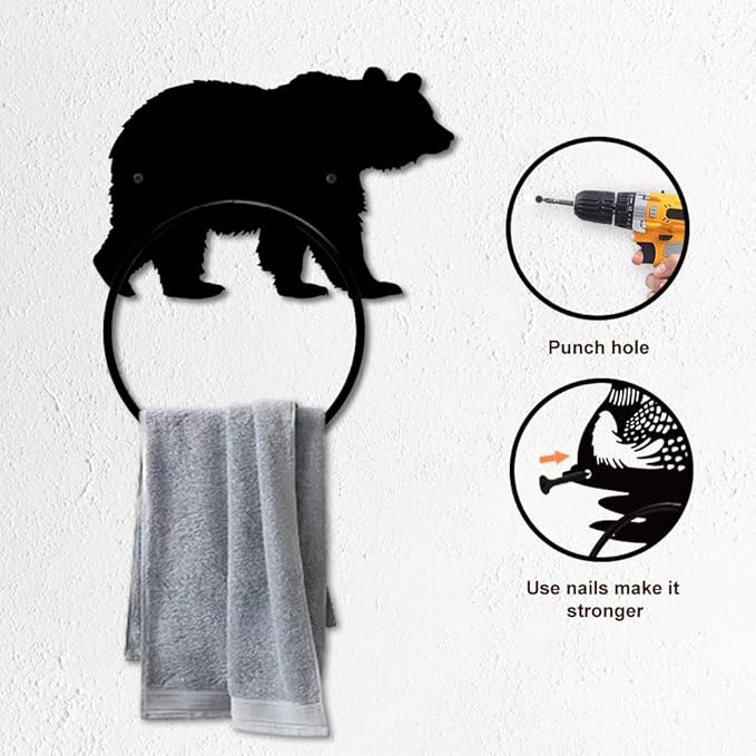MAYJOYDIY Bear Towel Ring Towel Holder Bathroom Wall Mounted Metal Wall Mounted Towel Ring with Bear Wild Beast Metal Custom Hand Towel Holder Wall Decor for Kitchen Home Hanging Gifts Decoration