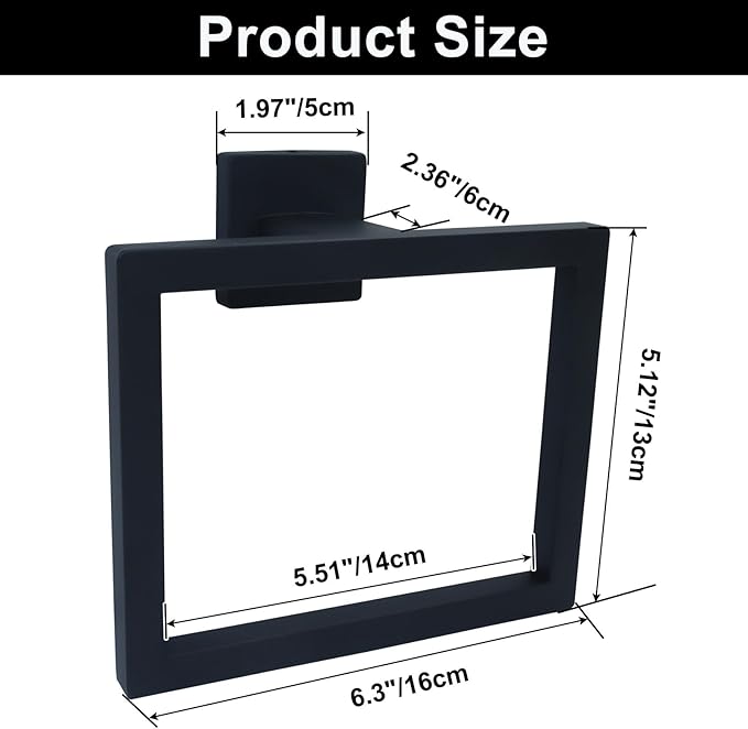 Matte Black Towel Ring - Premium Stainless Steel Bathroom Accessory, Sleek Square Design Hand Towel Holder, Durable Wall-Mounted Towel Hanger for Contemporary Bathroom, 2 Pcs