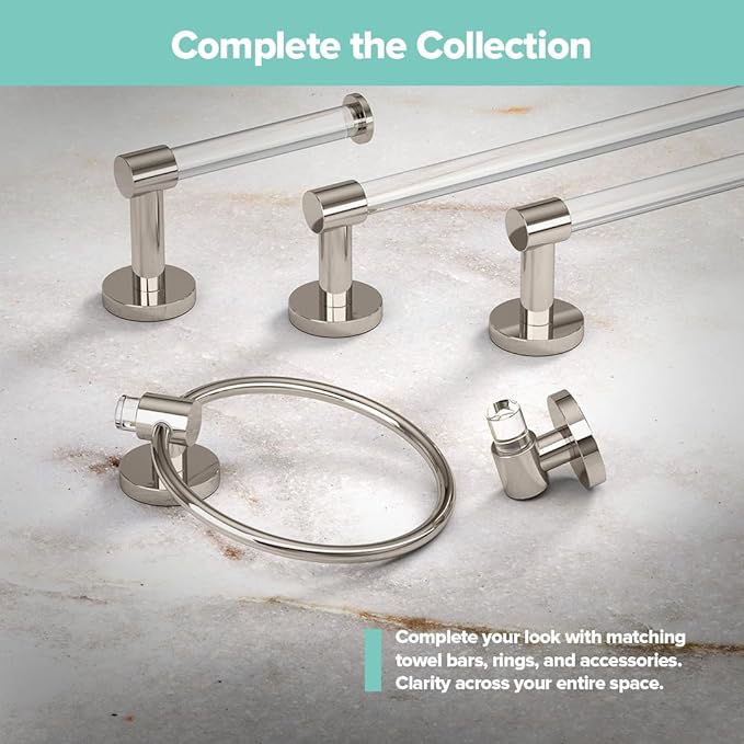 Gatco 5722 Clarion Towel Ring | Wall Mount Bathroom Hand Towel Holder, Modern Bathroom Accessory | Crystal-Clear Acrylic & Polished Nickel Finish