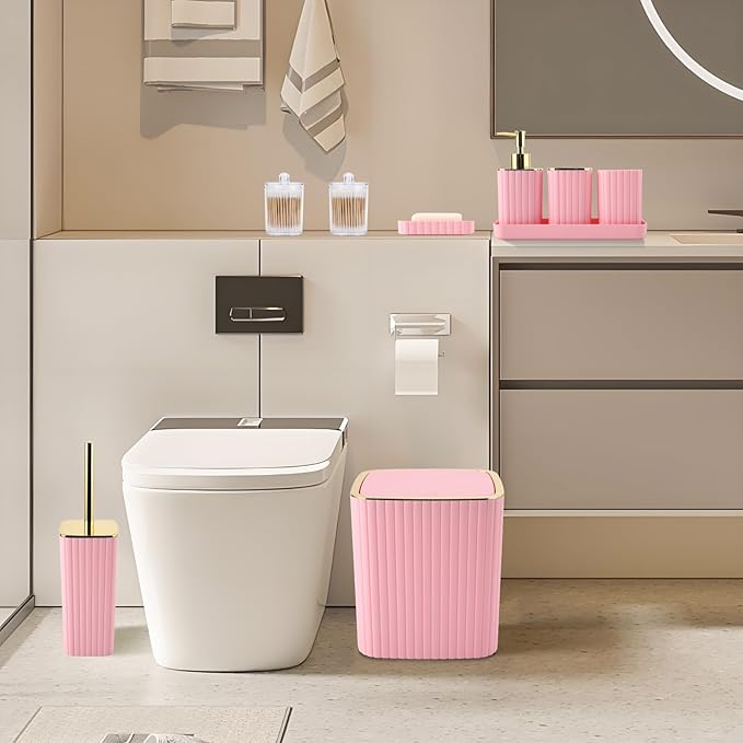 XLHOMO Pink Bathroom Accessories Set - Gorgeous Bathroom Set, 10PC Bathroom Accessory Set, Toilet Brush, Trash Can, Qtip Holder & Soap Dispenser