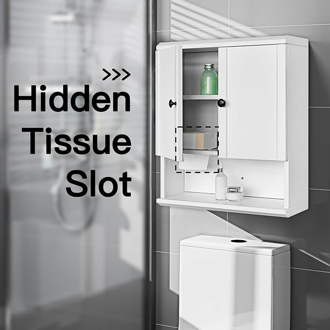 Fundin White Bathroom Wall Metal Cabinet with Hidden Tissue Slot & Adjustable Shelves, Over The Toilet Storage Cabinet for Bathroom Laundry Room
