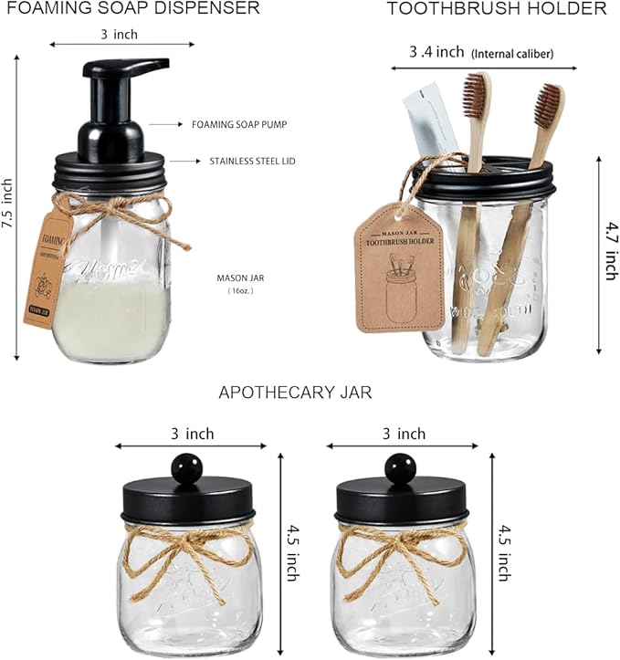 SheeChung 6Pack Mason Jar Bathroom Accessories Set - Foaming Soap Dispenser, Toothbrush Holder, 2Pack Qtip Holders, Bathroom Sink Set, Guest Towel Holder- Black