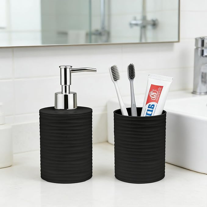 Bathroom Accessories Set, 2-Piece Black Soap Dispenser & Toothbrush Holder with Ripple Texture & Rust-Proof Pump, Modern Matte Organization