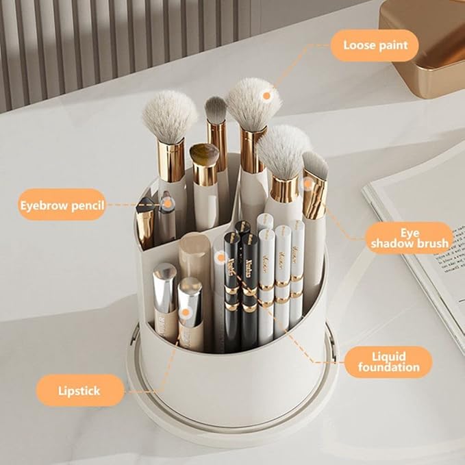 Makeup Brush Holder Organizer -360° Rotating Luxury Cosmetic Organizer With Lid Desktop Makeup Organizer Lipstick Eyebrow Pencil Holder Eye Shadow Storage Box